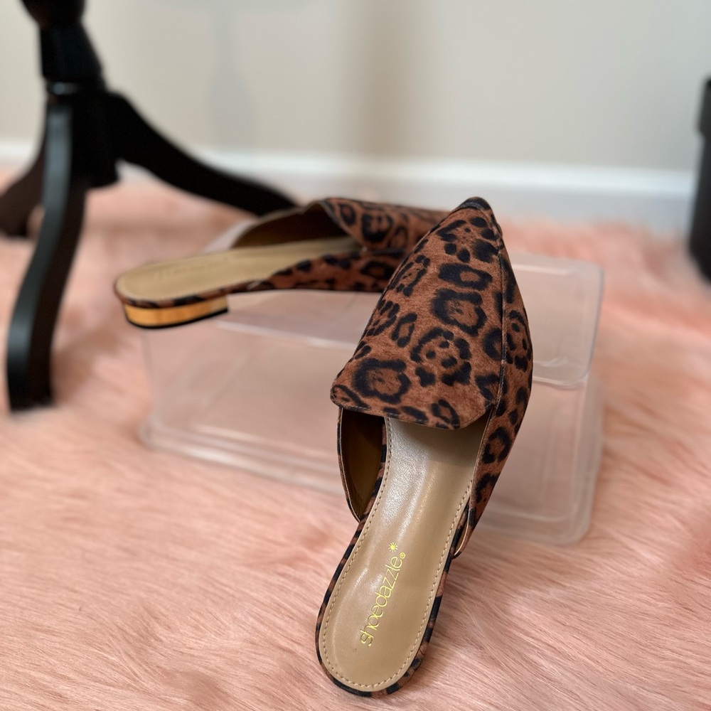 Leopard mules with gold heel. Size 8.5